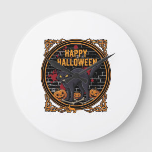 Reloj Redondo Grande Feliz Halloween Gatos Negros Calabazas Huesos_1