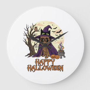 Reloj Redondo Grande Feliz Halloween Pug Sombrero de Bruja Caldero Cala