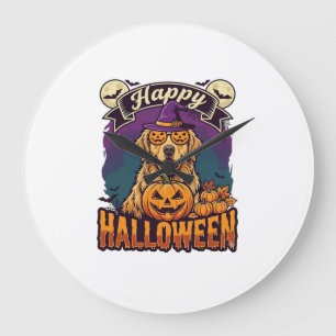 Reloj Redondo Grande Feliz Halloween Retriever Dorado Sombrero de Bruja