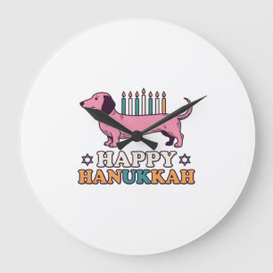 Reloj Redondo Grande Feliz Hanukkah Dachshund Menorah Diseño de Camiset