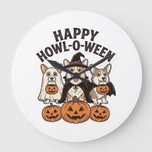 Reloj Redondo Grande Feliz Howl-O-Ween Corgi Halloween Perro Vector Dis