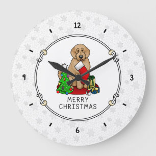 Reloj Redondo Grande Feliz Navidad 2 Goldendoodle (rojo dorado) Cute