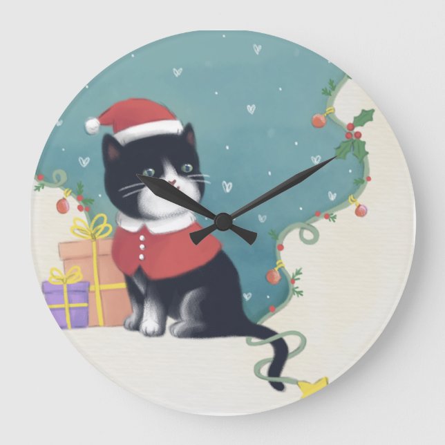 Reloj Redondo Grande Feliz Navidad: Arte de Ilustracion Gato (Anverso)