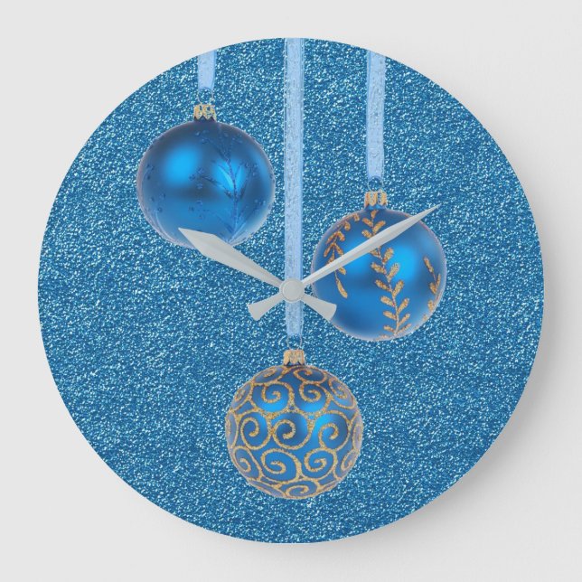 Reloj Redondo Grande Feliz Navidad Azul Purpurina Baubles Elegante (Anverso)