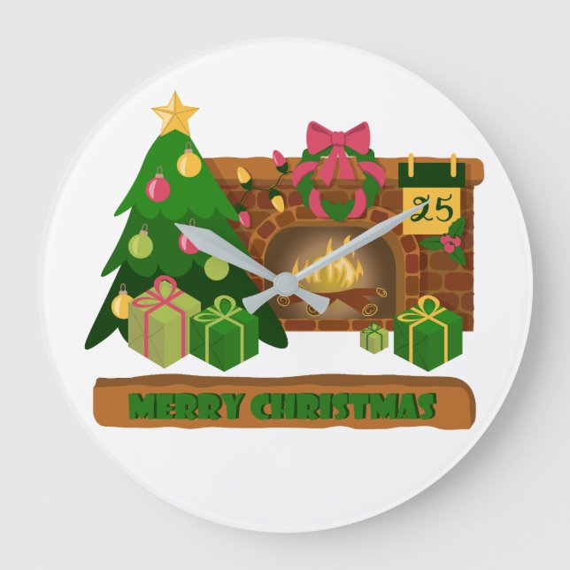 Reloj Redondo Grande Feliz Navidad cerca de la chimenea de fuego árbol  (Anverso)