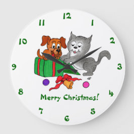 Reloj Redondo Grande Feliz Navidad con gato y perro