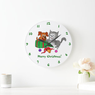 Reloj Redondo Grande Feliz Navidad con gato y perro