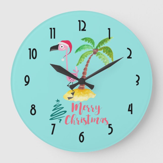 Reloj Redondo Grande Feliz Navidad Flamingo Rosa Con Árbol De Palma (Anverso)