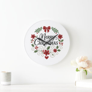 Reloj Redondo Grande Feliz Navidad Floral Wreath Wall Clock