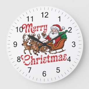 Reloj Redondo Grande Feliz Navidad Flying Santa Sleigh Reindeer