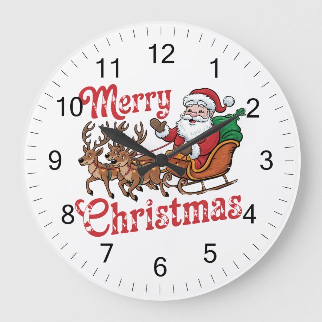 Reloj Redondo Grande Feliz Navidad Flying Santa Sleigh Reindeer (Anverso)