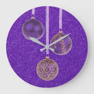 Reloj Redondo Grande Feliz Navidad Morado Purpurina Baubles Elegante