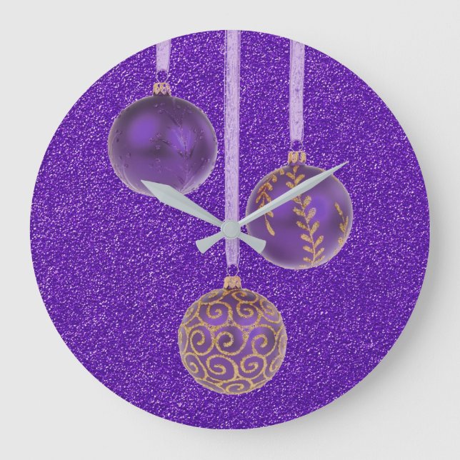 Reloj Redondo Grande Feliz Navidad Morado Purpurina Baubles Elegante (Anverso)