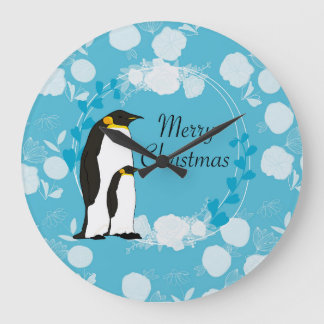 Reloj Redondo Grande feliz navidad, navidad,pingüino,flores,azul,