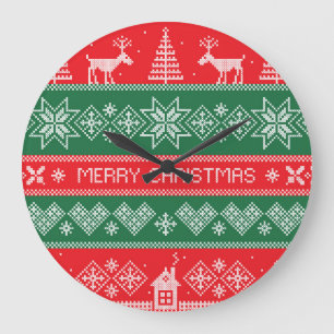 Reloj Redondo Grande Feliz Navidad: patrón festivo vintage.