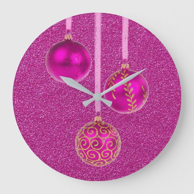Reloj Redondo Grande Feliz Navidad Purpurina Rosa Baubles Elegante (Anverso)