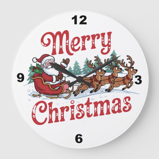 Reloj Redondo Grande Feliz Navidad Santa Sleigh Reindeer (Anverso)