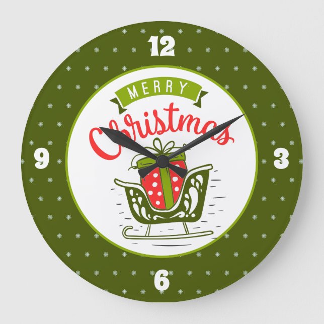 Reloj Redondo Grande Feliz Navidad Sleigh Red Green Snowflake Pattern (Anverso)