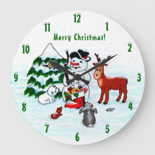 Reloj Redondo Grande Feliz Navidad! Snowman con sus amigos