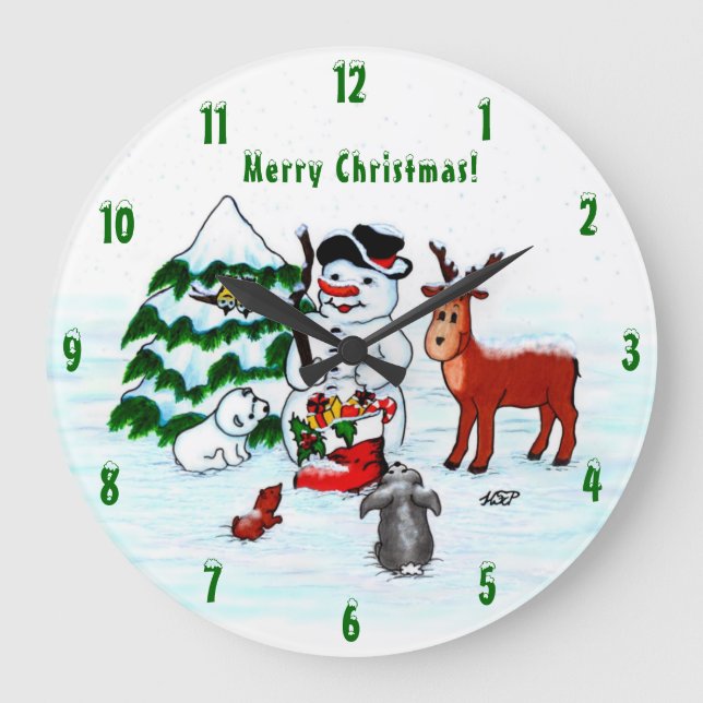 Reloj Redondo Grande Feliz Navidad! Snowman con sus amigos (Anverso)