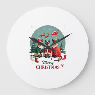 Reloj Redondo Grande Feliz Navidad Tres Santa Elfo Reno Gatos Siameses