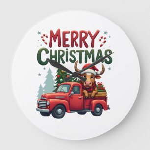 Reloj Redondo Grande Feliz Navidad Vaca Altas Tierras Escocesas Granja