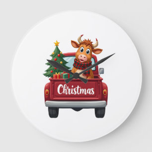 Reloj Redondo Grande Feliz Navidad Vaca Highland Árbol de Navidad Camio