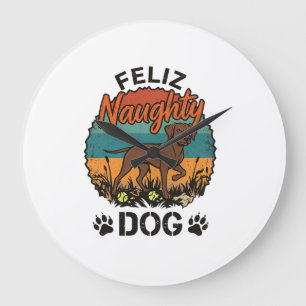 Reloj Redondo Grande Feliz Perro Travieso Marrón Huellas de Pata de Sol