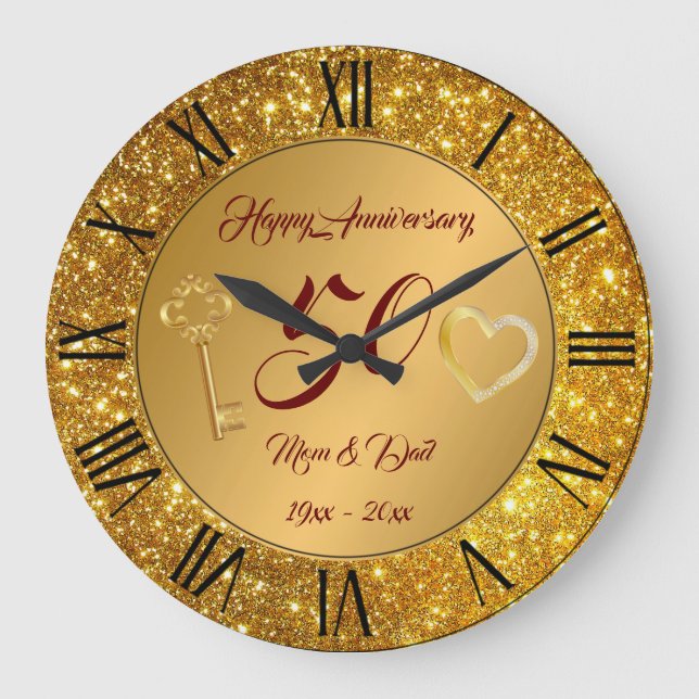 Reloj Redondo Grande Feliz Personalizar Amor Oro 50 Aniversario (Anverso)