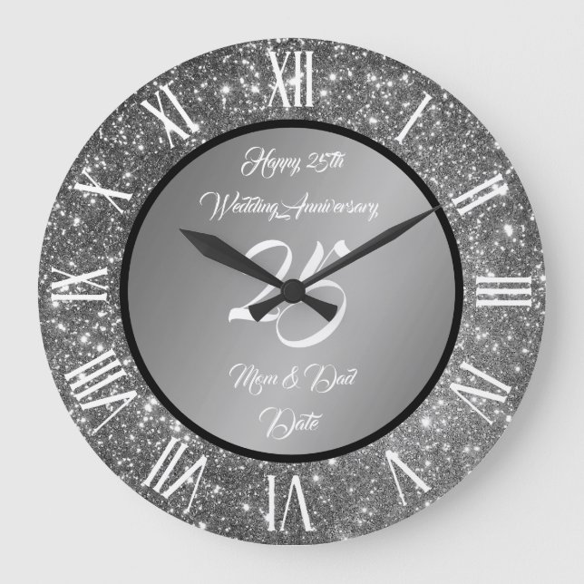 Reloj Redondo Grande Feliz Purpurina Personalizar Silver 25° aniversari (Anverso)