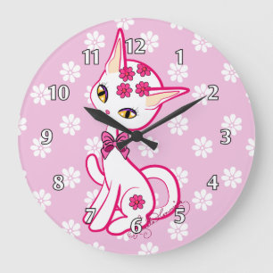 Reloj Redondo Grande ~ femenino lindo del rosa del gato del gatito