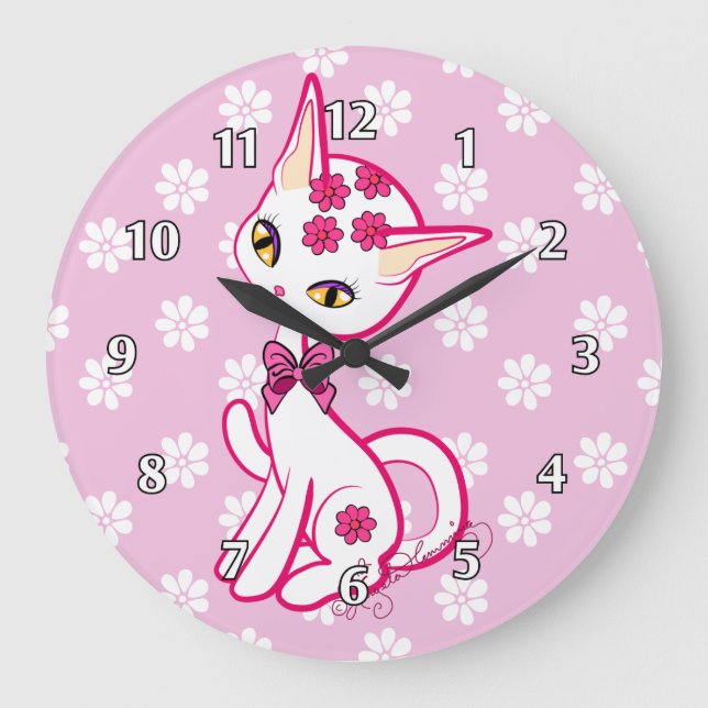 Reloj Redondo Grande ~ femenino lindo del rosa del gato del gatito (Anverso)
