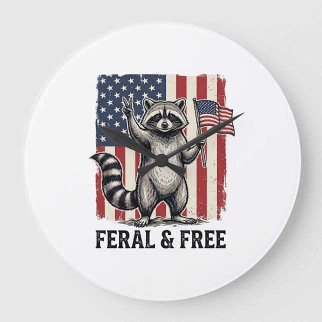 Reloj Redondo Grande Feral and Free Patriotic Raccoon Vintage Shirt Des (Anverso)