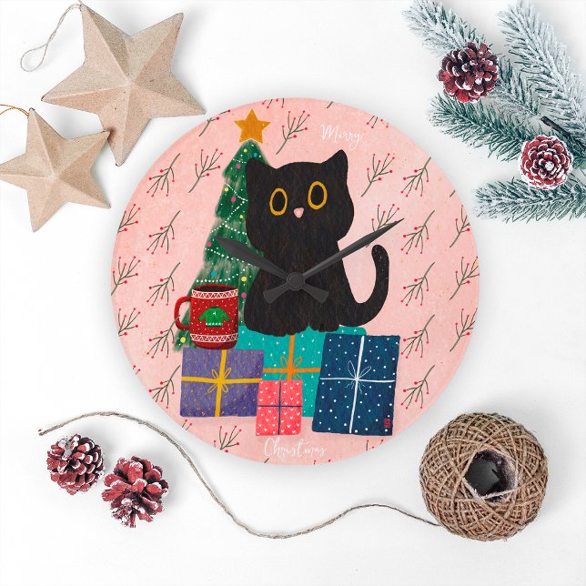Reloj Redondo Grande Festividad Rosa Merry Navidad Cute Café Gato Negro (Subido por el creador)