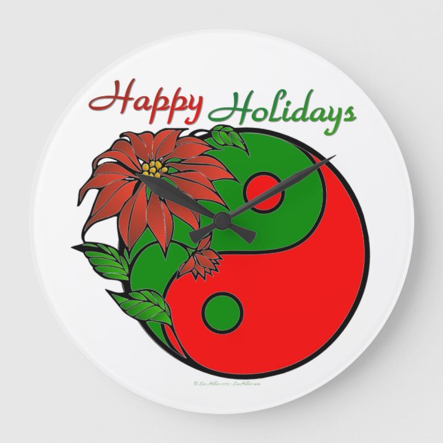 Reloj Redondo Grande Festividad Yin Yang Poinsettia Verde Rojo (Anverso)