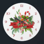 Reloj Redondo Grande Festividades Navidades Floral, Cinta y Caña de Can<br><div class="desc">Vegetación festiva de verdor,  bayas huecas,  poinsettia y caña de caramelo con cinta roja. marcado con número de personalizado.</div>