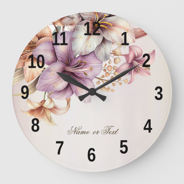 Reloj Redondo Grande Fiesta acuarela Boho Flores rosadas Elegante (Anverso)