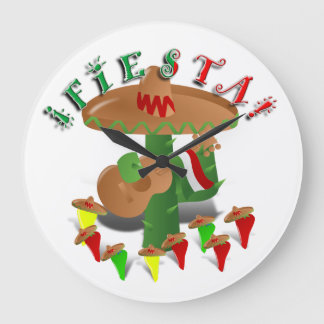 Reloj Redondo Grande Fiesta Cactus con guitarra y pimientos bailarines