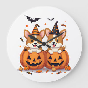 Reloj Redondo Grande Fiesta de Corgi de Calabaza