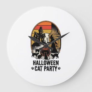 Reloj Redondo Grande Fiesta de gatos de Halloween Diseño vintage de gat