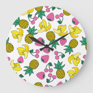Reloj Redondo Grande Fiesta de la fruta: plátanos, piñas, fresas