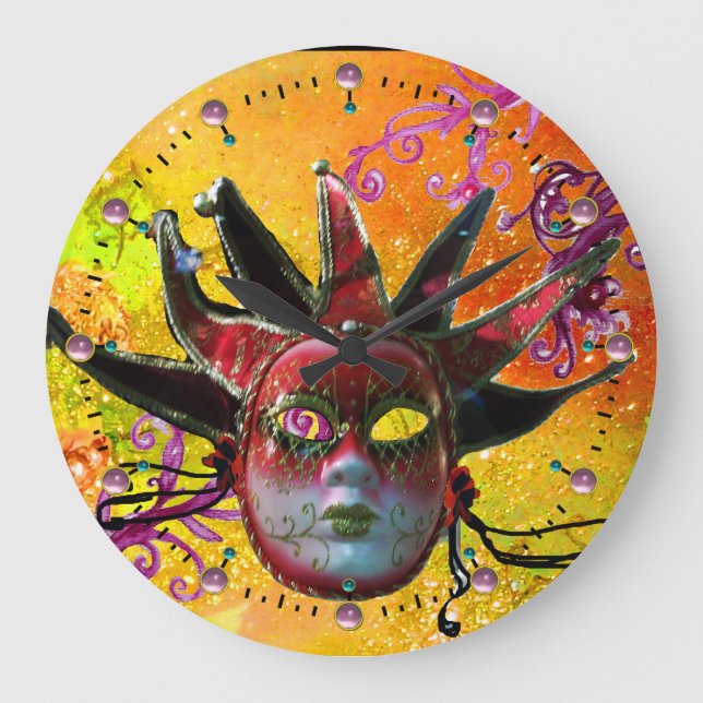 Reloj Redondo Grande Fiesta DE MÁSCARA DE JESTER NEGRO Y ROJO (Anverso)