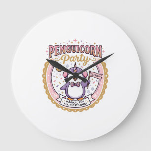 Reloj Redondo Grande Fiesta de Unicornio Penguicornio POD Lista Diseño