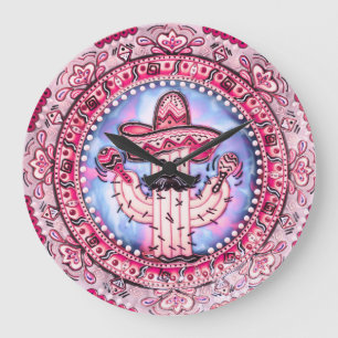 Reloj Redondo Grande Fiesta mexicana Cinco de Mayo Azul rosa