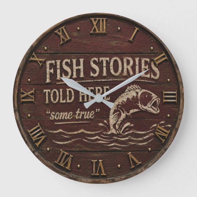 Reloj Redondo Grande Fish Stories Told Here Funny Fishing Decor (Anverso)