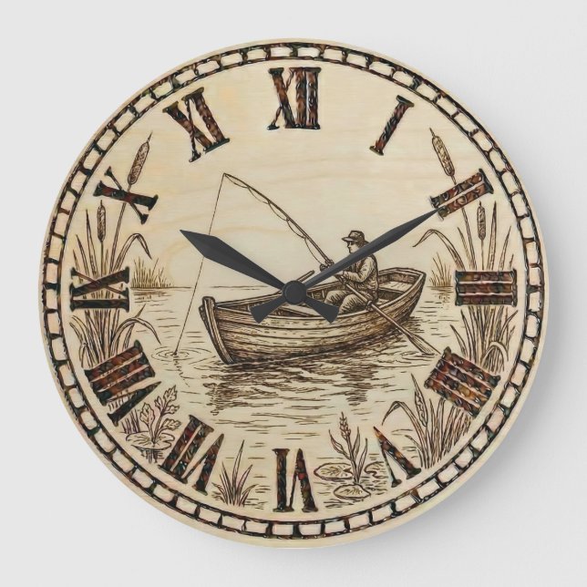 Reloj Redondo Grande Fishing Boat Wall Clock – Wood-Burned Style (Anverso)