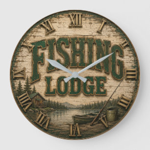 Reloj Redondo Grande Fishing Lodge Rustic Cabin Lake Decor Vintage Fish