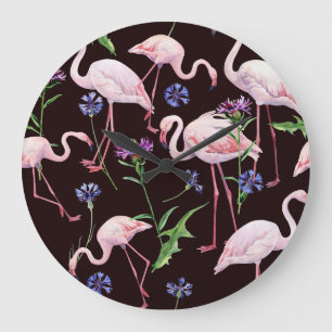 Reloj Redondo Grande Flamencos acuarelas y patrones de flores silvestre