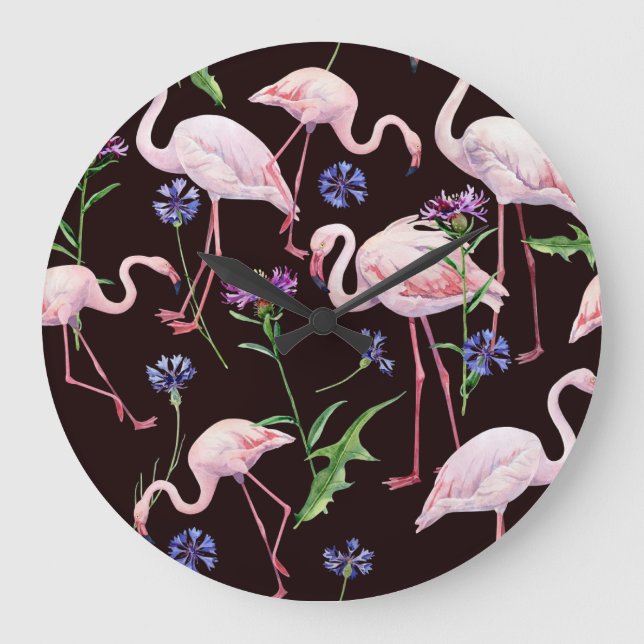 Reloj Redondo Grande Flamencos acuarelas y patrones de flores silvestre (Anverso)