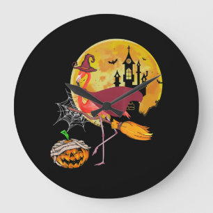 Reloj Redondo Grande Flamencos   Flamingo Riding Broom Pumpkin Hallowee